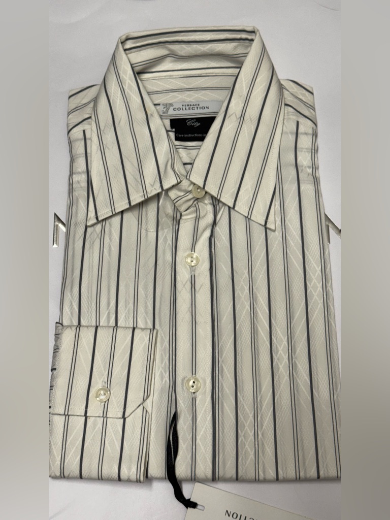 Versace Cream Dress Shirt With Black Pinstripes